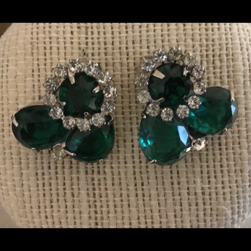 Vintage Green Rhinestone Clip Earrings.